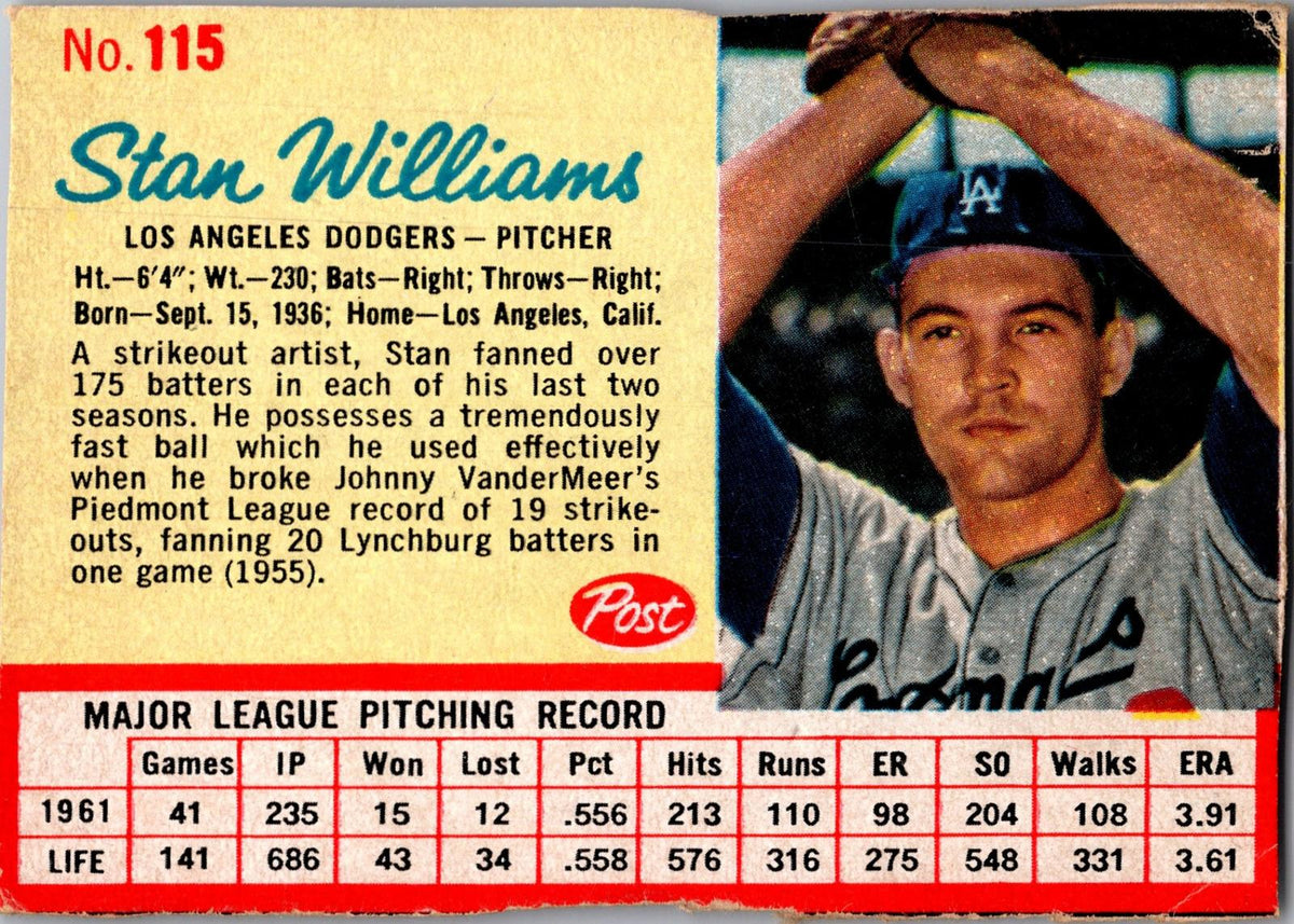 1962 Post Cereal #115 Stan Williams