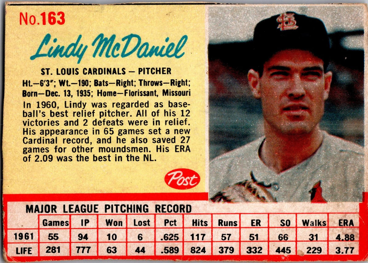 1962 Post Cereal #163 Lindy McDaniel