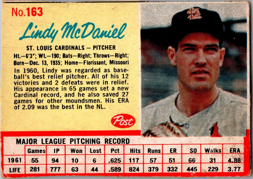 1962 Post Cereal #163 Lindy McDaniel