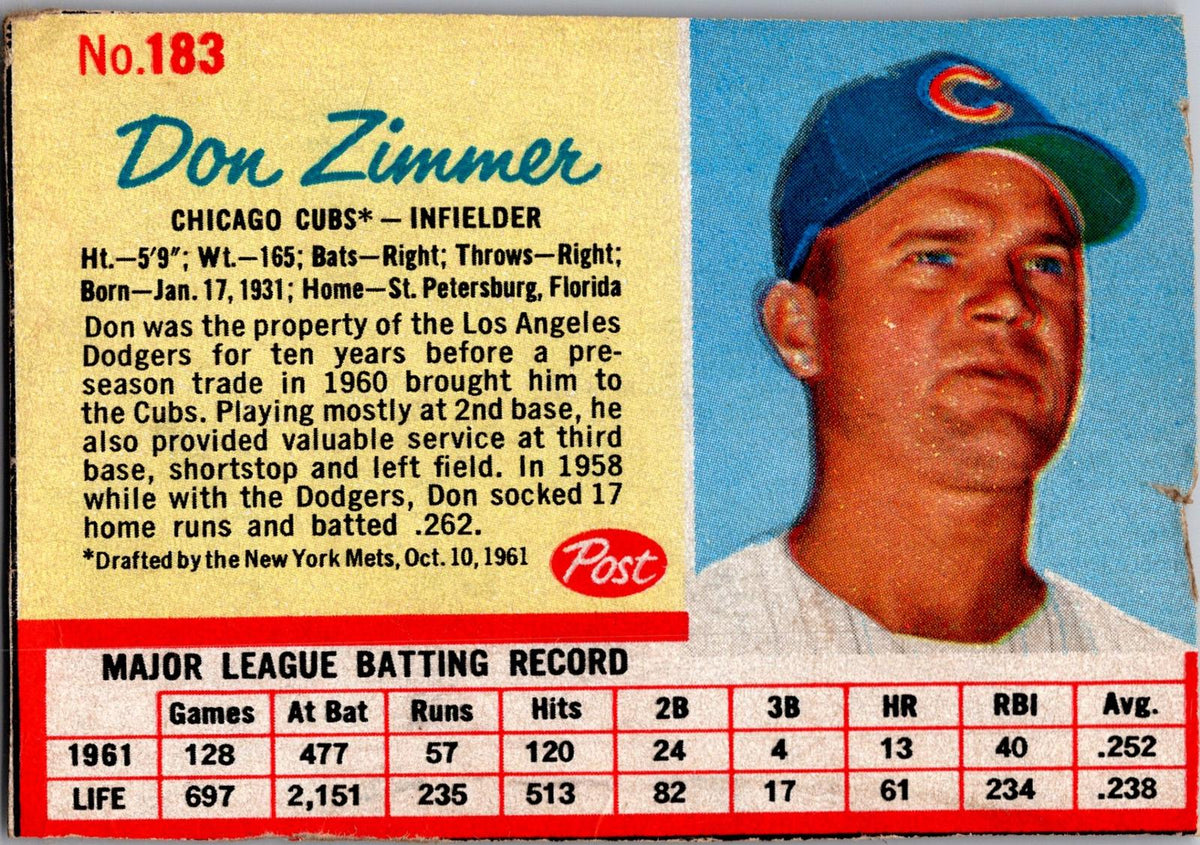 1962 Post Cereal #183 Don Zimmer
