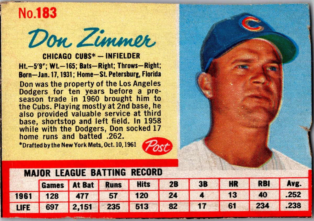 1962 Post Cereal #183 Don Zimmer