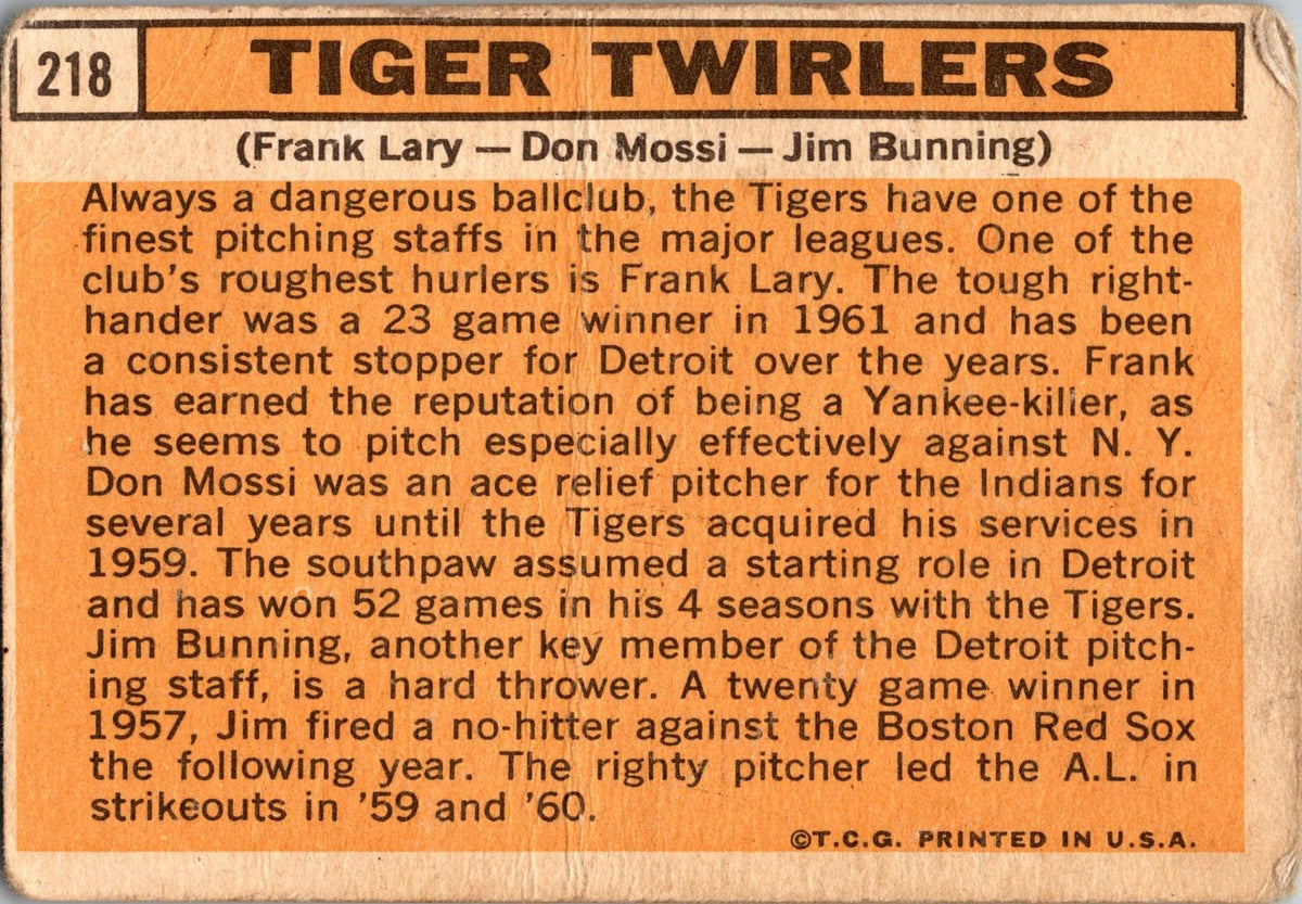 1963 Topps #218 Tiger Twirlers (Jim Bunning / Frank Lary / Don Mossi)