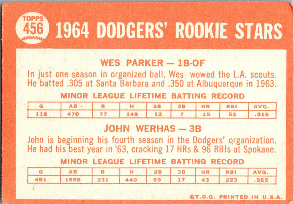 1964 Topps #456 Dodgers 1964 Rookie Stars (Wes Parker / John Werhas)