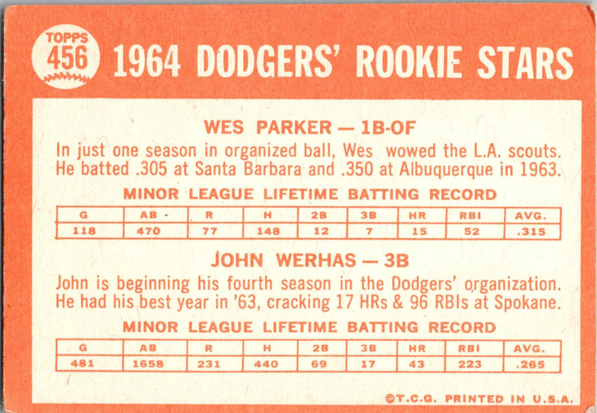 1964 Topps #456 Dodgers 1964 Rookie Stars (Wes Parker / John Werhas)