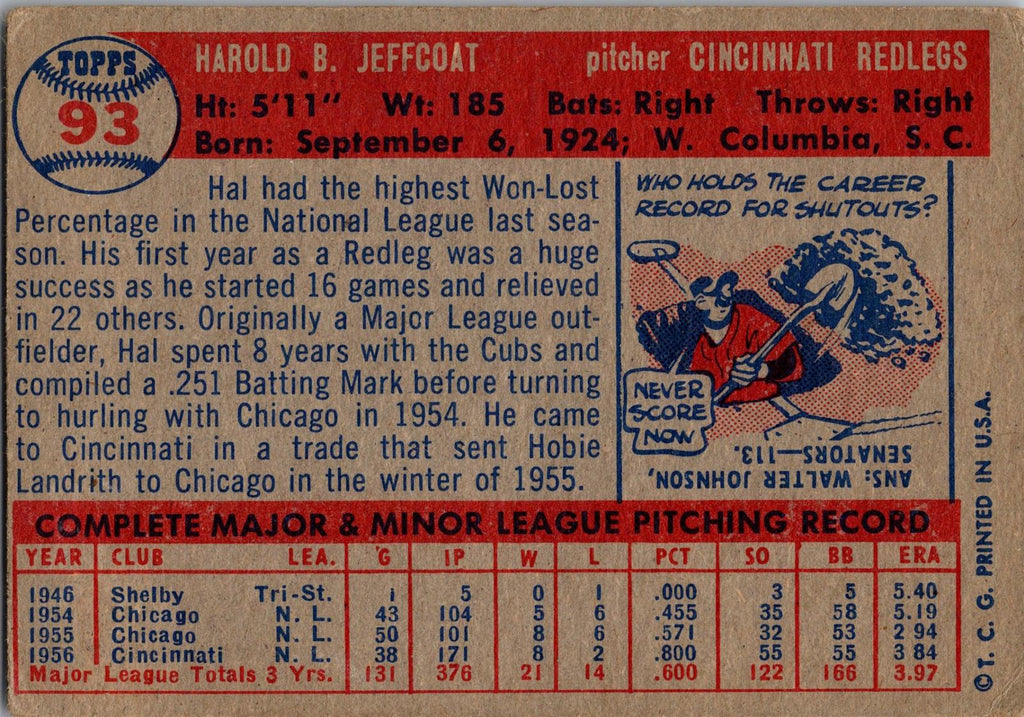 1957 Topps #93 Hal Jeffcoat