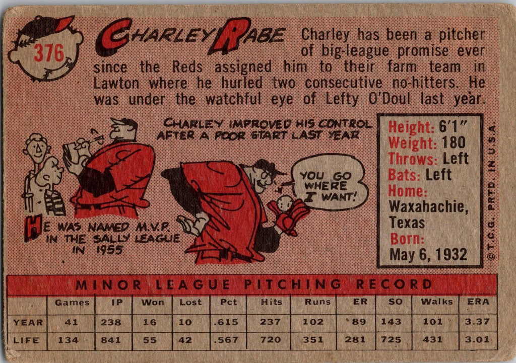 1958 Topps #376 Charley Rabe