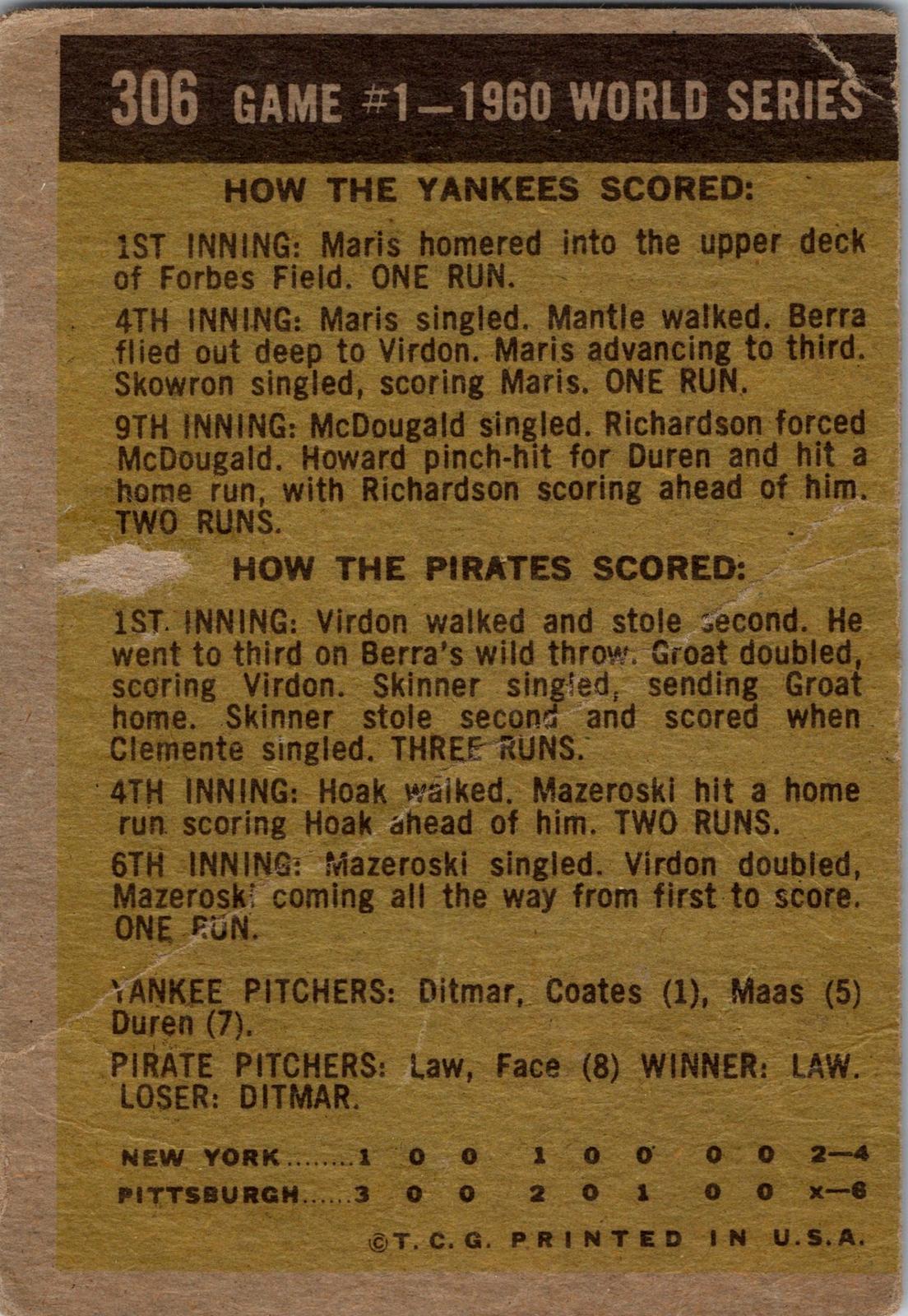 1961 Topps #306 1960 World Series Game #1 - Virdon Saves Game