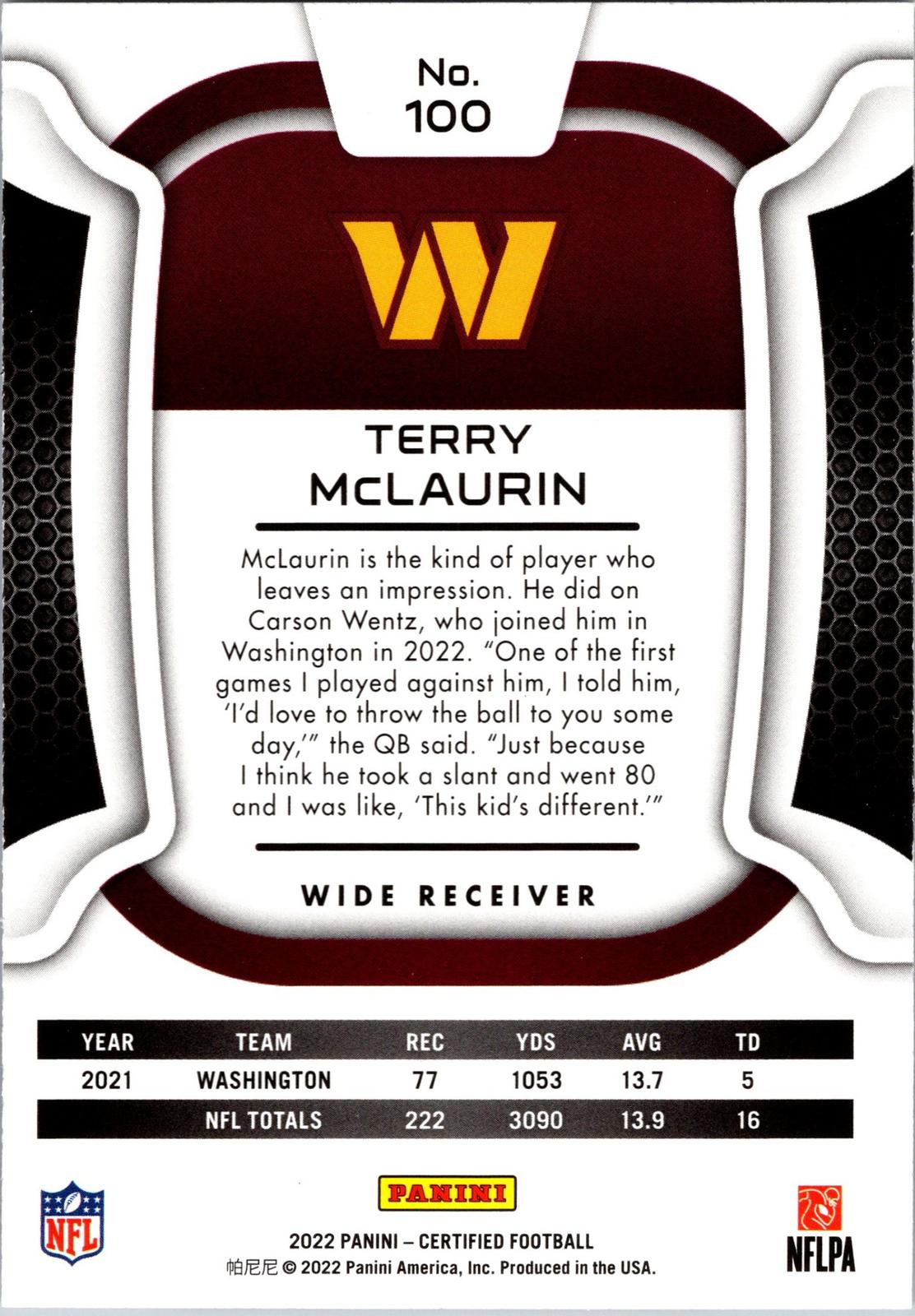 2022 Panini Certified #100 Terry McLaurin