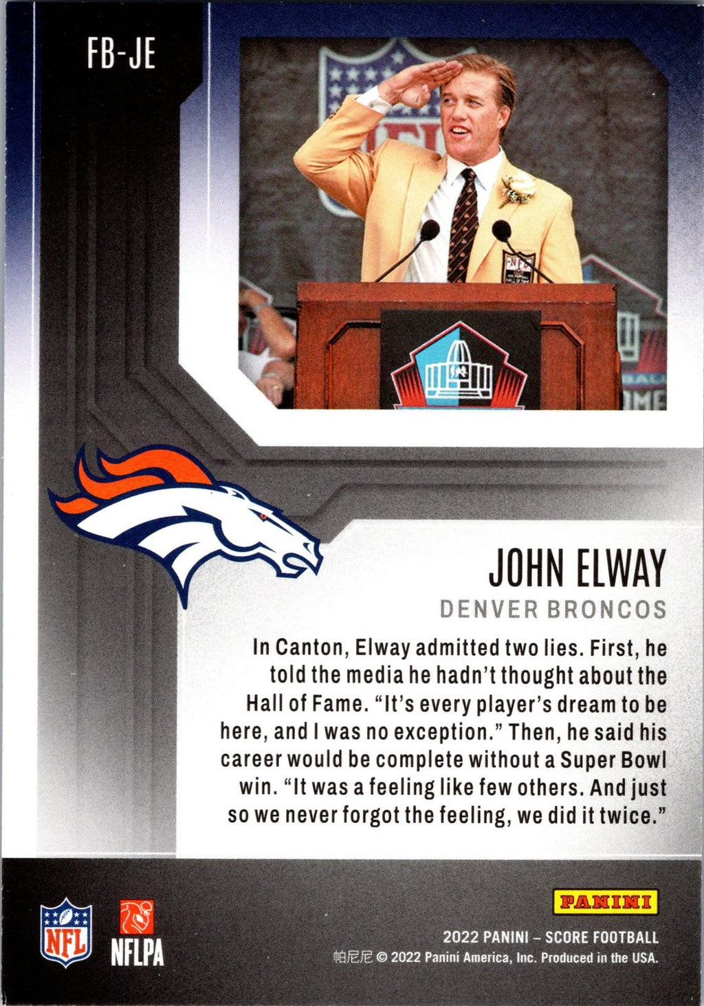 2022 Score #FB-JE John Elway First Ballot