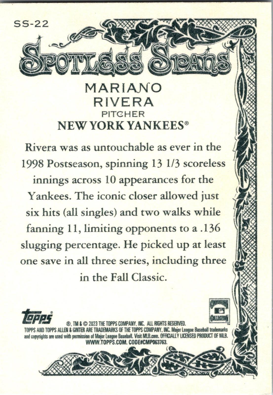 2023 Topps Allen & Ginter #SS-22 Mariano Rivera Spotless Spans