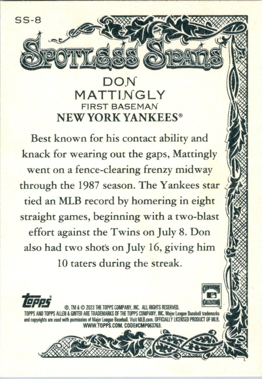 2023 Topps Allen & Ginter #SS-8 Don Mattingly Spotless Spans