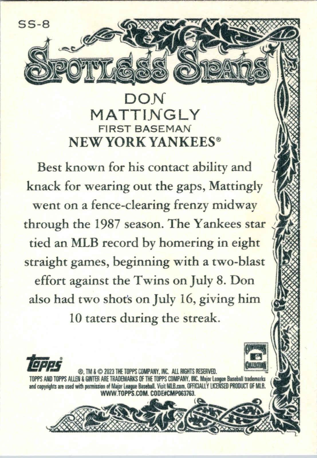 2023 Topps Allen & Ginter #SS-8 Don Mattingly Spotless Spans