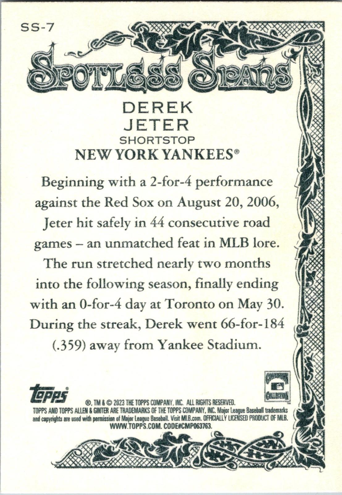 2023 Topps Allen & Ginter #SS-7 Derek Jeter Spotless Spans
