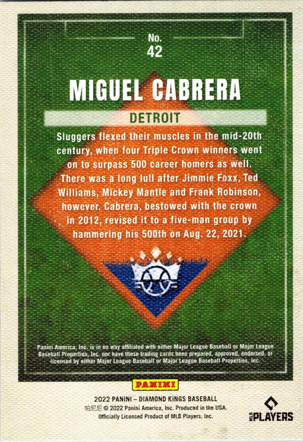 2022 Panini Diamond Kings #42 Miguel Cabrera