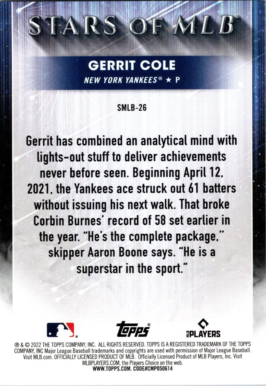 2022 Topps #SMLB-26 Gerrit Cole Stars of MLB