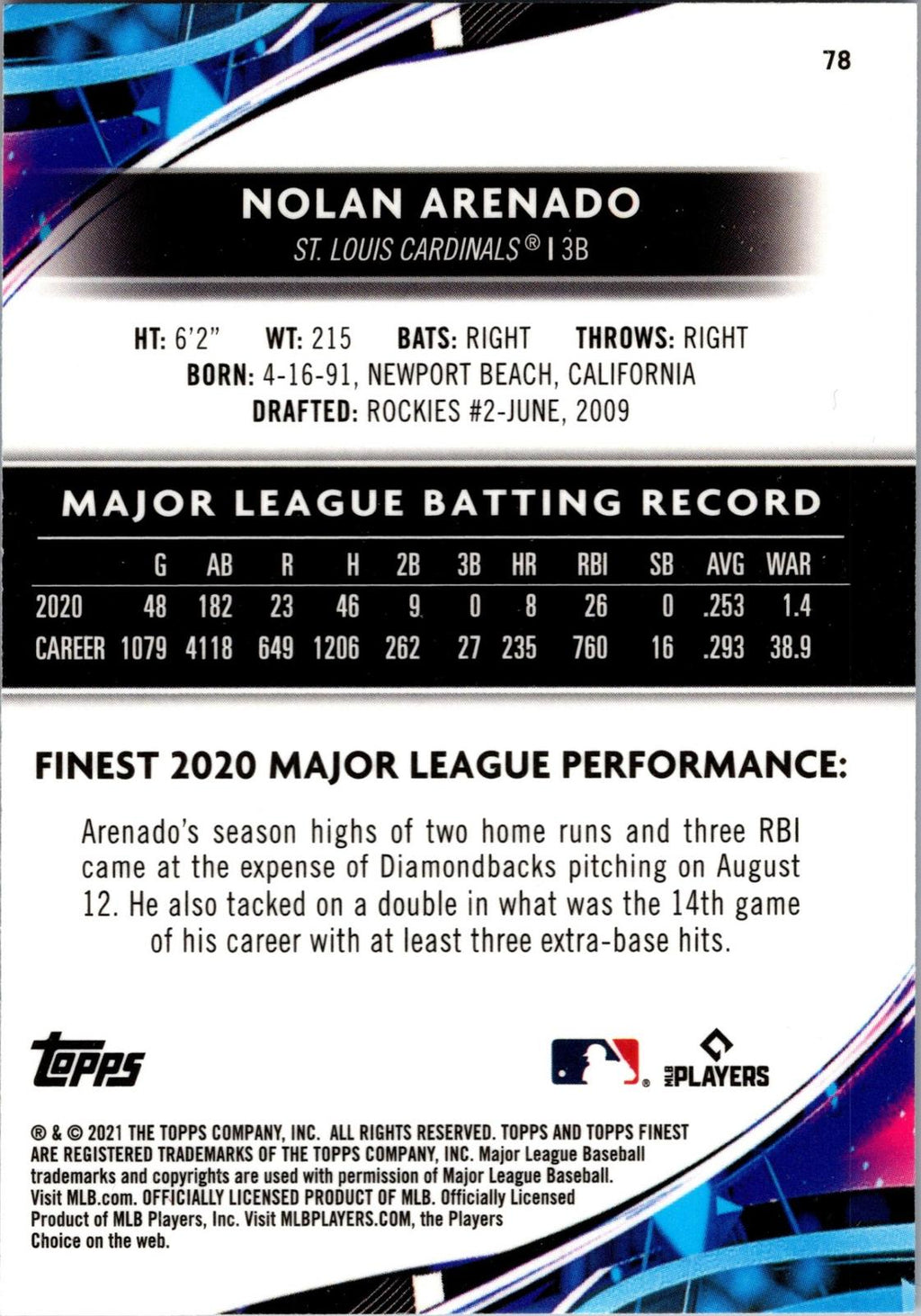 2021 Finest #78 Nolan Arenado