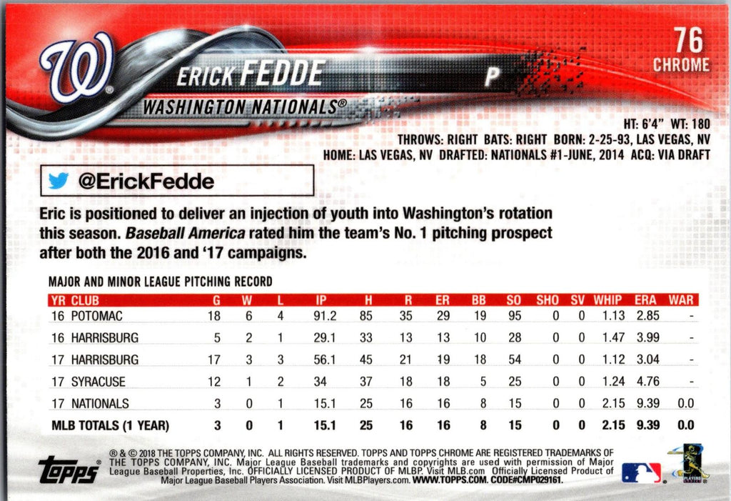 2018 Topps Chrome #76 Erick Fedde