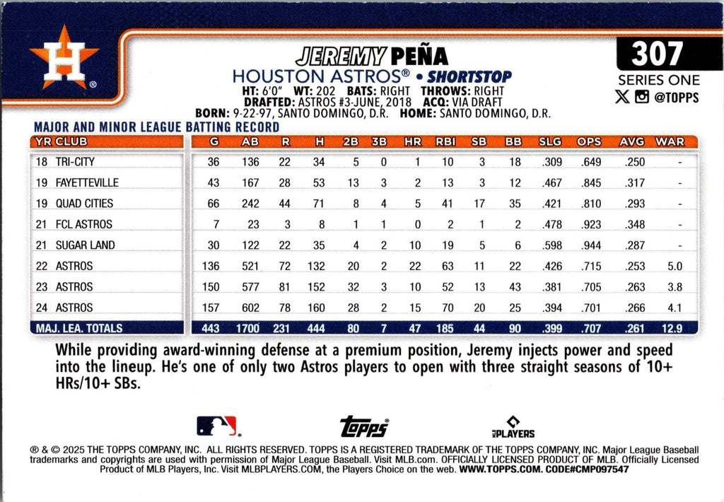 2025 Topps #307 Jeremy Peña