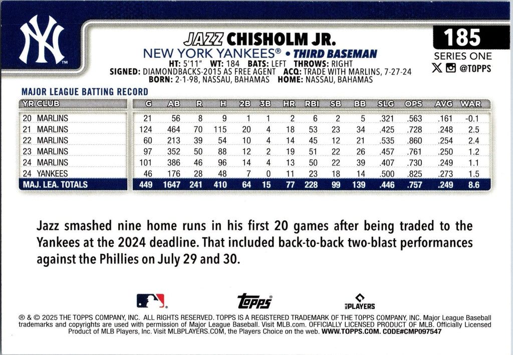 2025 Topps New York Yankees #NYY-7 Jazz Chisholm Jr.