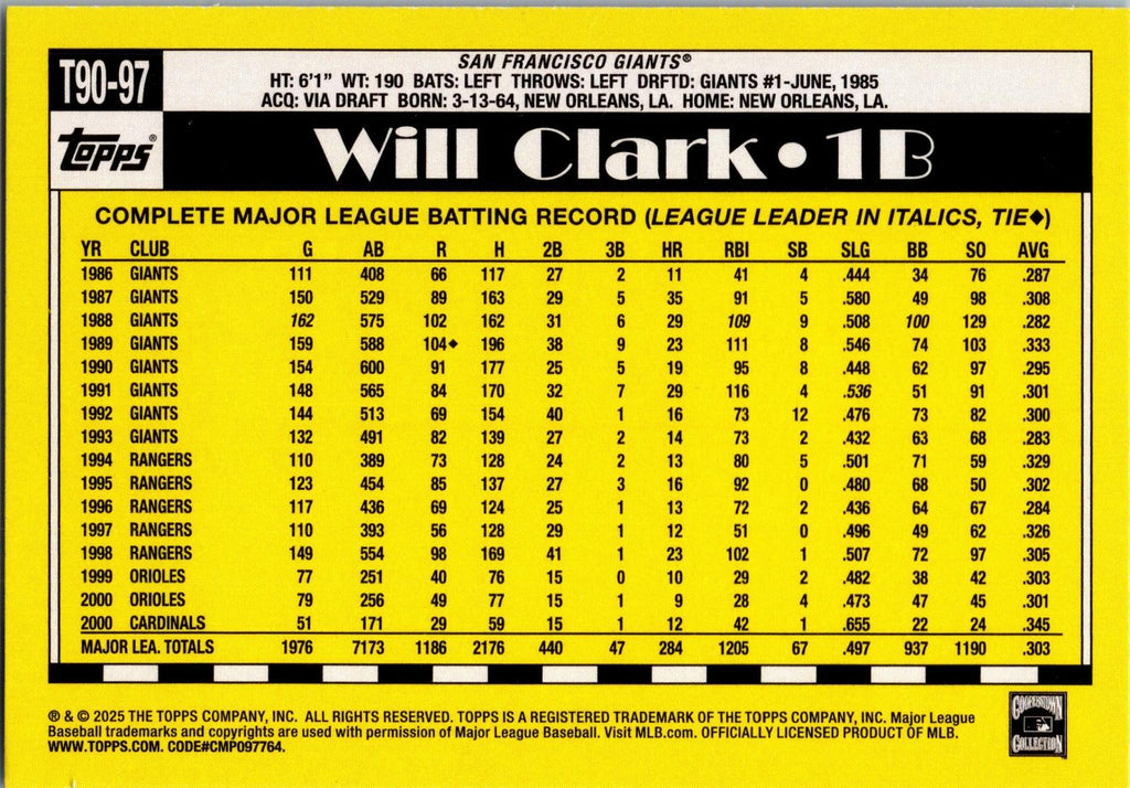 2025 Topps #T90-97 Will Clark 1990 Topps Baseball 35th Anniversary (Series One)