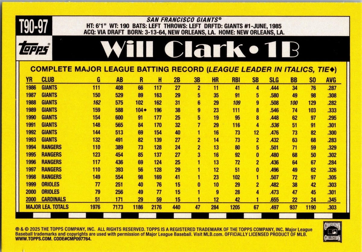 2025 Topps #T90-97 Will Clark 1990 Topps Baseball 35th Anniversary (Series One)