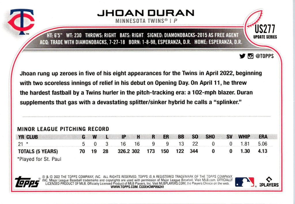 2022 Topps Update #US277 Jhoan Duran
