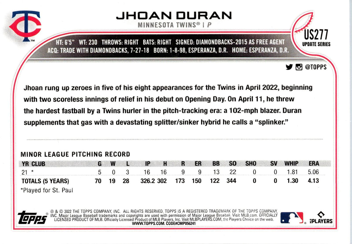 2022 Topps Update #US277 Jhoan Duran