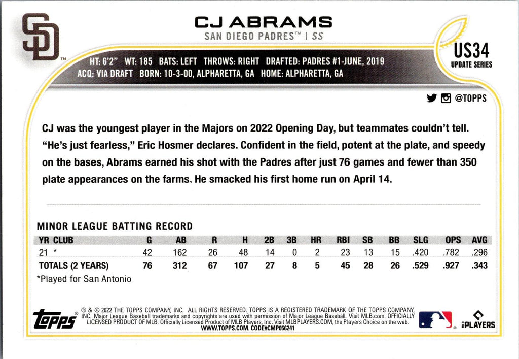 2022 Topps Update #US34 CJ Abrams