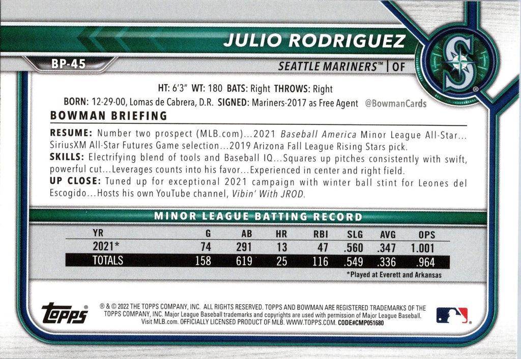 2022 Bowman #BP-45 Julio Rodriguez Prospects