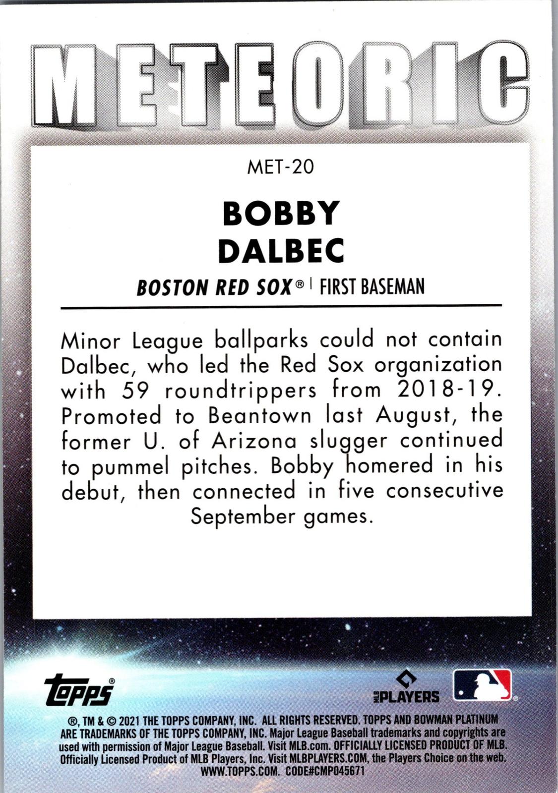 2021 Bowman Platinum #MET-20 Bobby Dalbec Meteoric