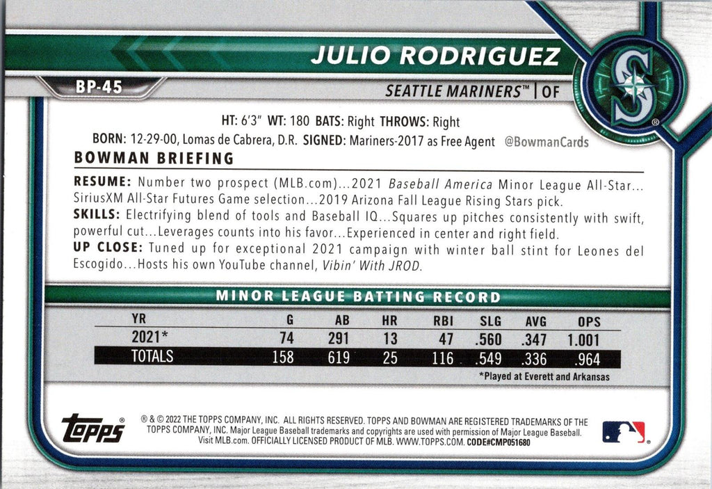 2022 Bowman 1st Edition #BPPF-45 Julio Rodriguez