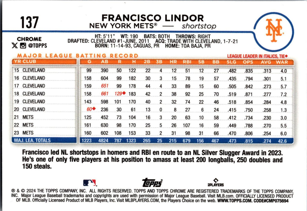 2024 Topps Chrome #137 Francisco Lindor