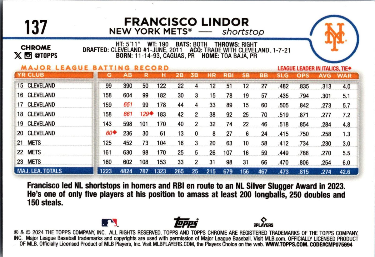 2024 Topps Chrome #137 Francisco Lindor
