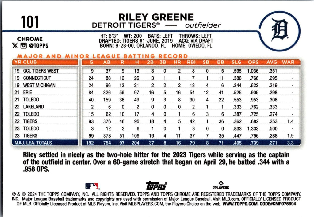 2024 Topps #274 Riley Greene 582 Montgomery Club