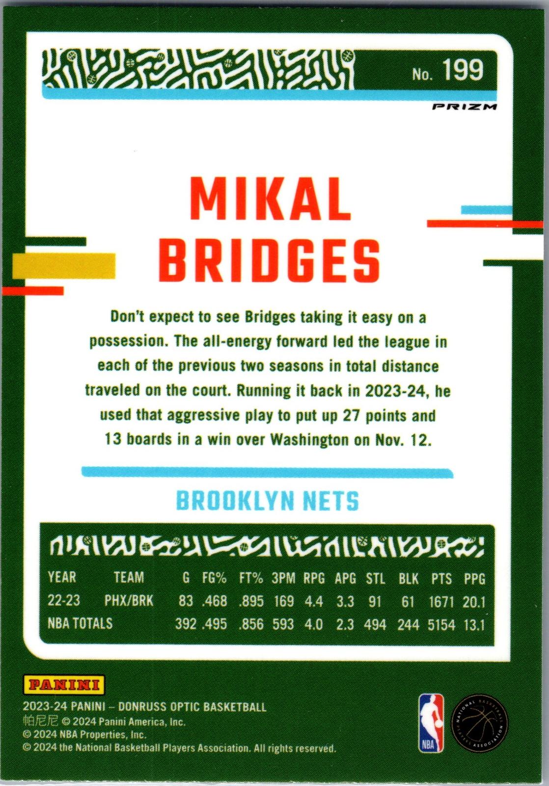 2023-24 Donruss Optic #199 Mikal Bridges Holo