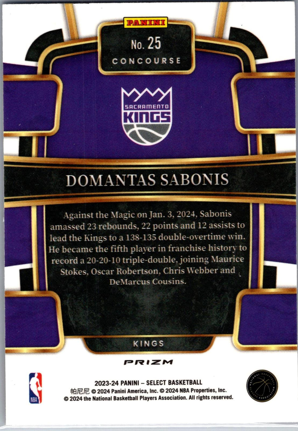 2023-24 Panini Select #25 Domantas Sabonis Tri-Color Prizm