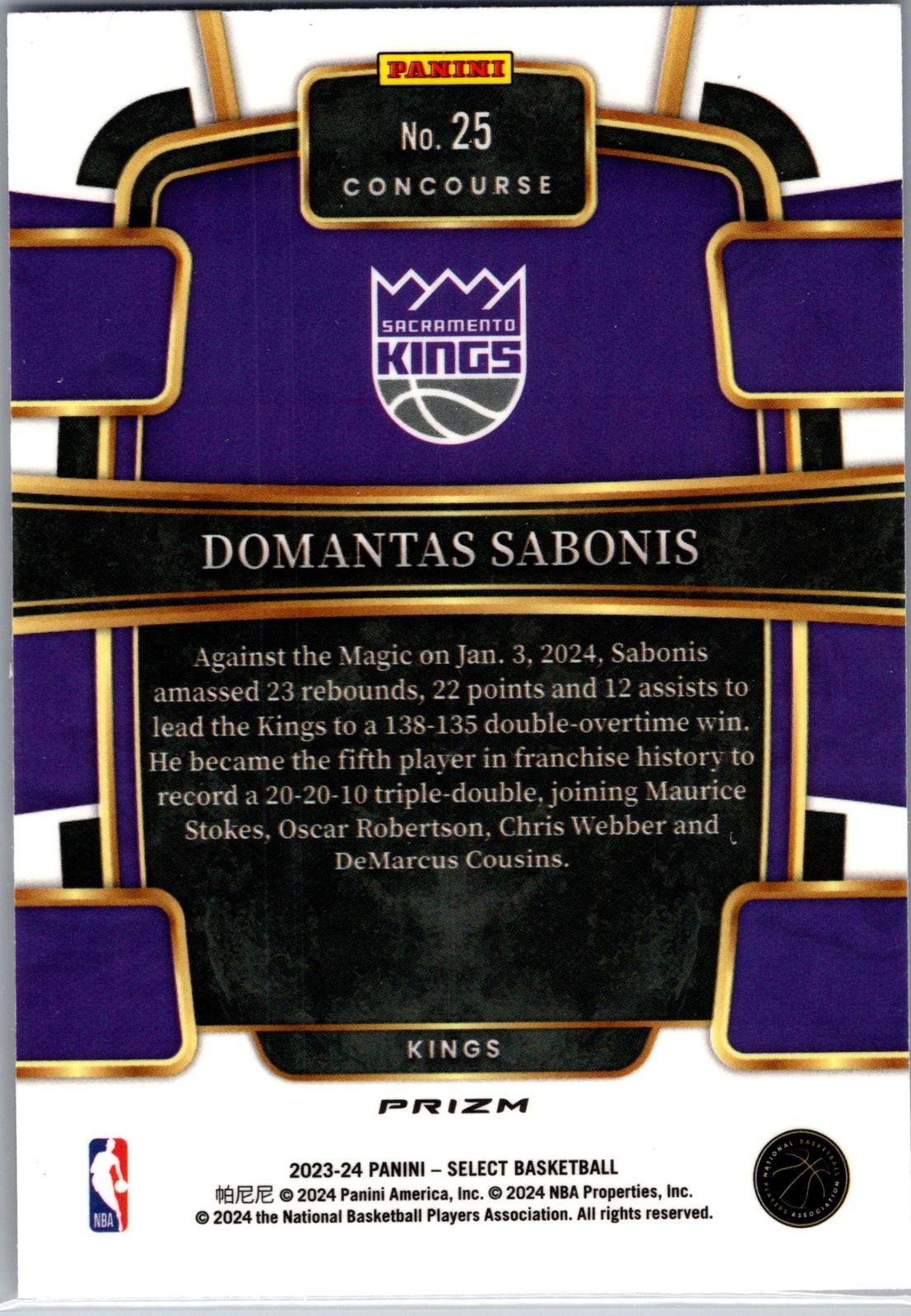 2023-24 Panini Select #25 Domantas Sabonis Tri-Color Prizm