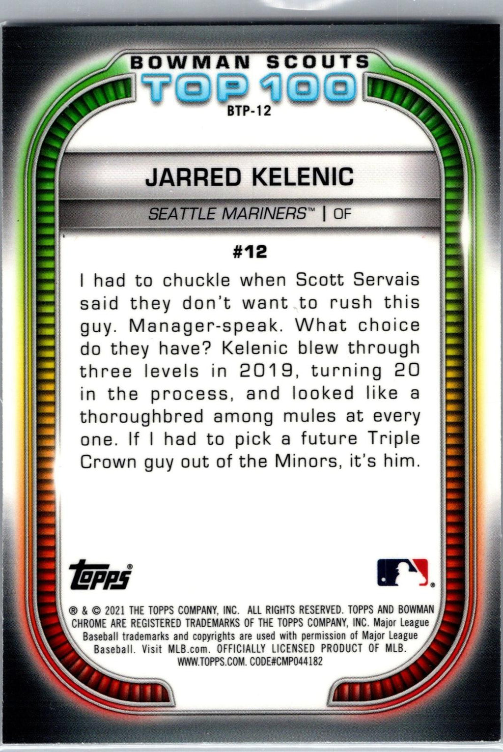 2021 Bowman #BTP-12 Jarred Kelenic Chrome Bowman Scouts Top 100