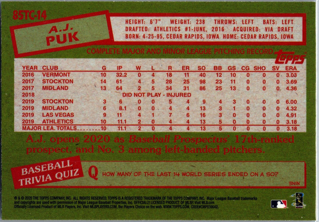 2020 Topps Chrome #85TC-14 A.J. Puk 1985 Topps Baseball 35th Anniversary