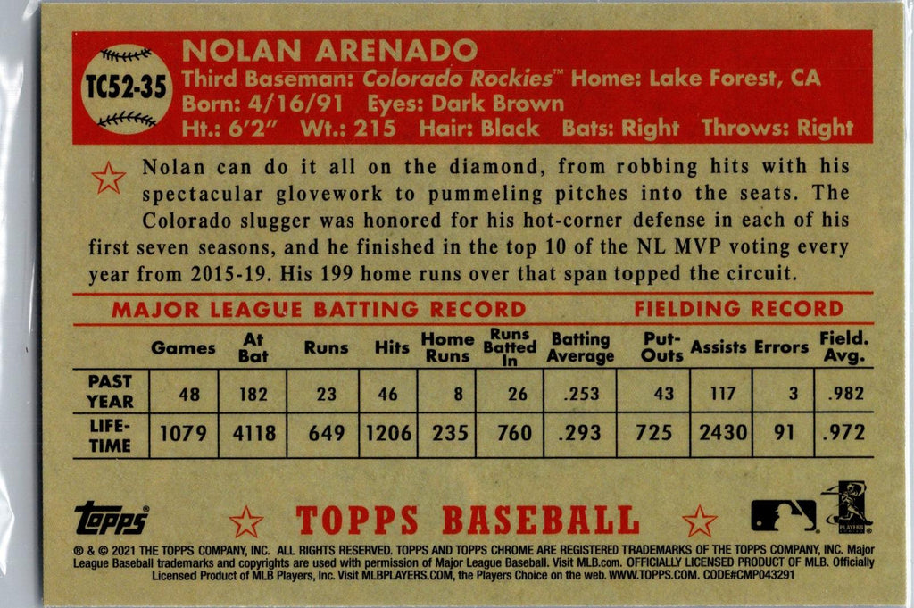 2021 Topps #TC52-35 Nolan Arenado 1952 Topps Redux Chrome