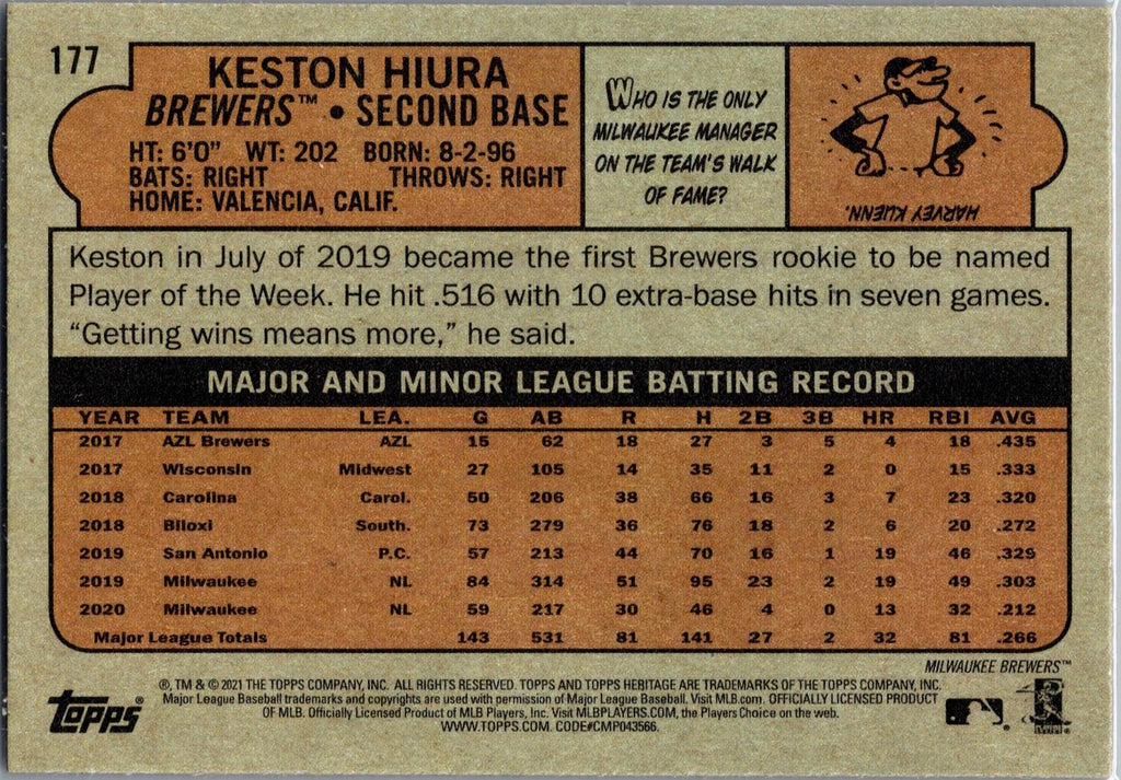 2021 Topps Heritage #177 Keston Hiura Chrome Purple Refractor