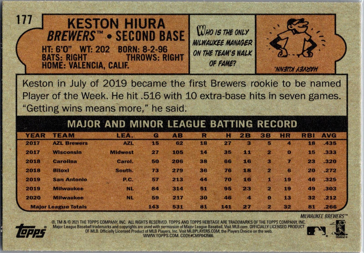 2021 Topps Heritage #177 Keston Hiura Chrome Purple Refractor