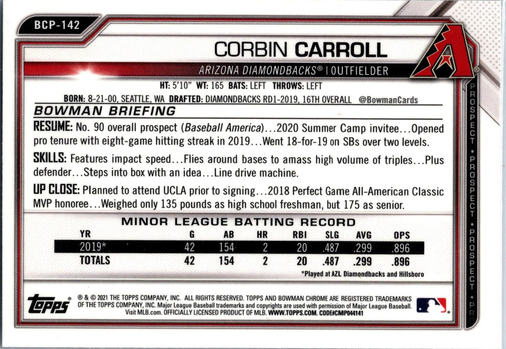 2021 Bowman #BCP-142 Corbin Carroll Chrome Prospects