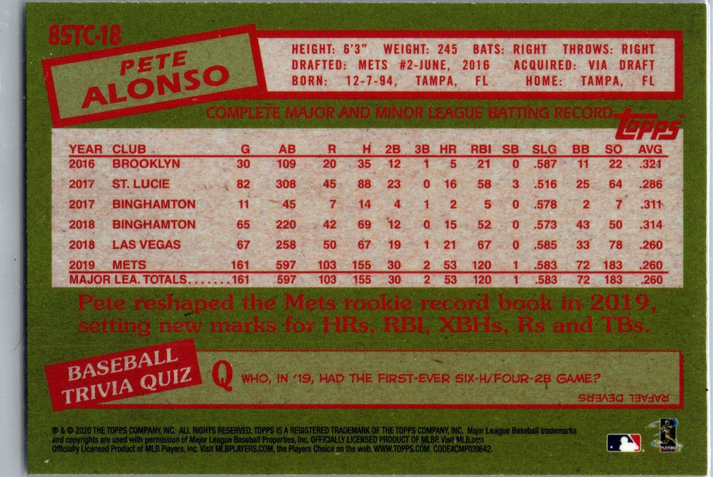 2020 Topps Chrome #85TC-18 Pete Alonso 1985 Topps Baseball 35th Anniversary