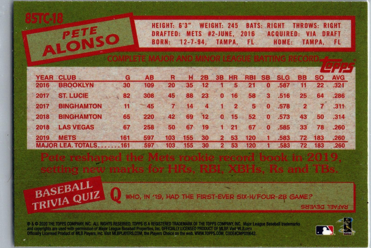 2020 Topps Chrome #85TC-18 Pete Alonso 1985 Topps Baseball 35th Anniversary