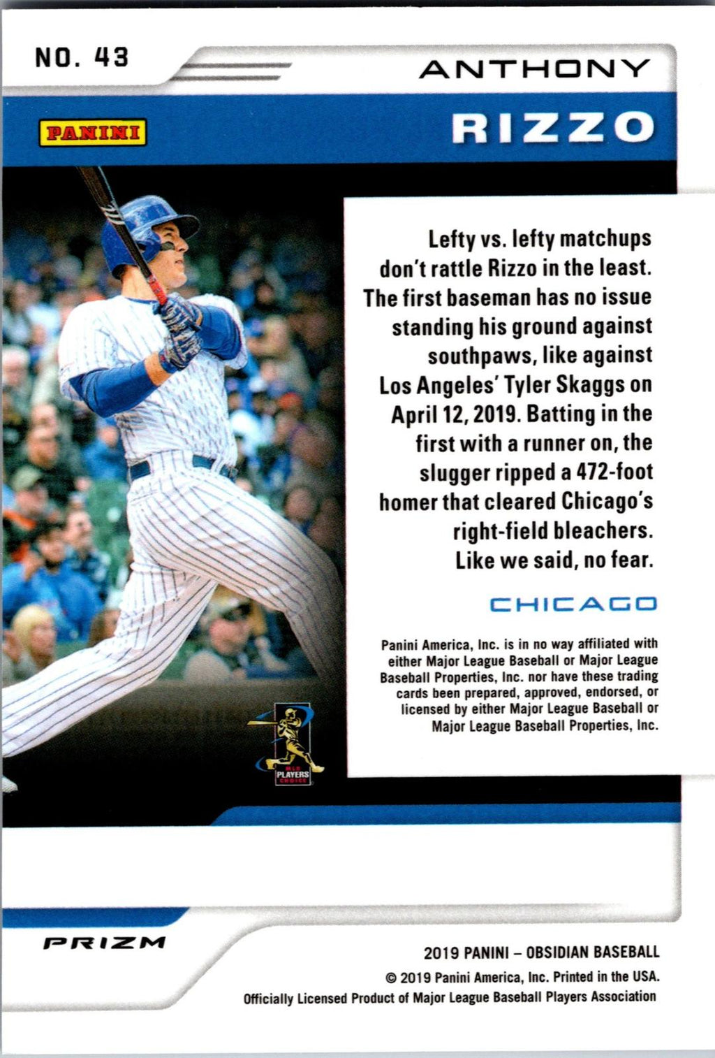 2019 Panini Chronicles #43 Anthony Rizzo Obsidian