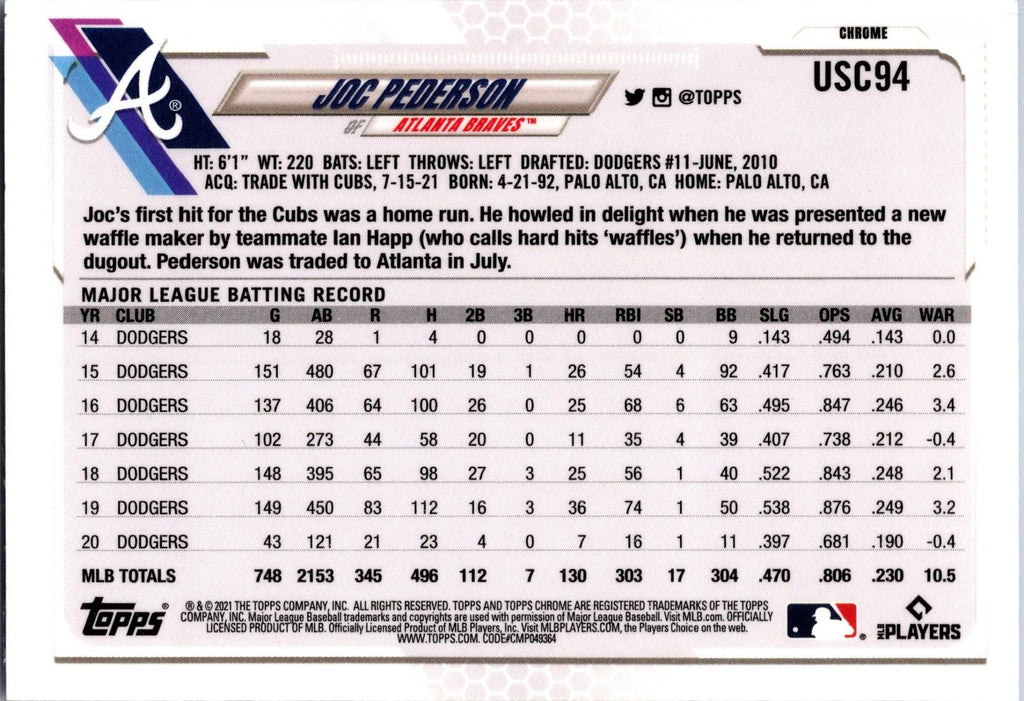 2021 Topps Chrome Update #USC94 Joc Pederson Purple Refractor