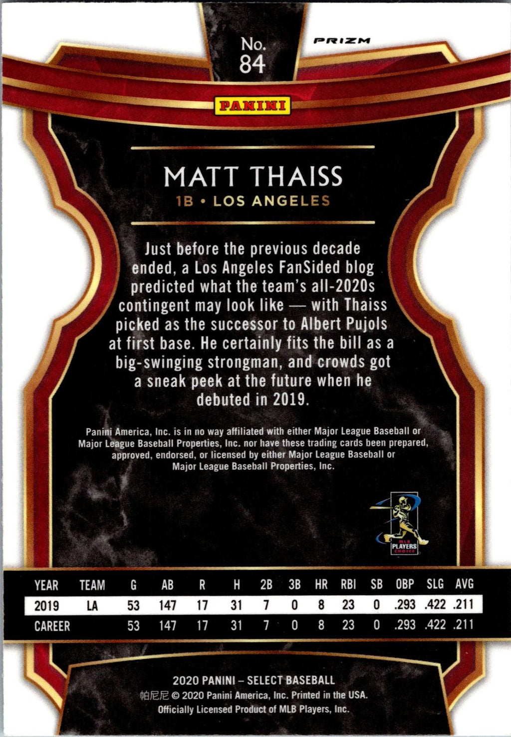 2020 Panini Select #84 Matt Thaiss