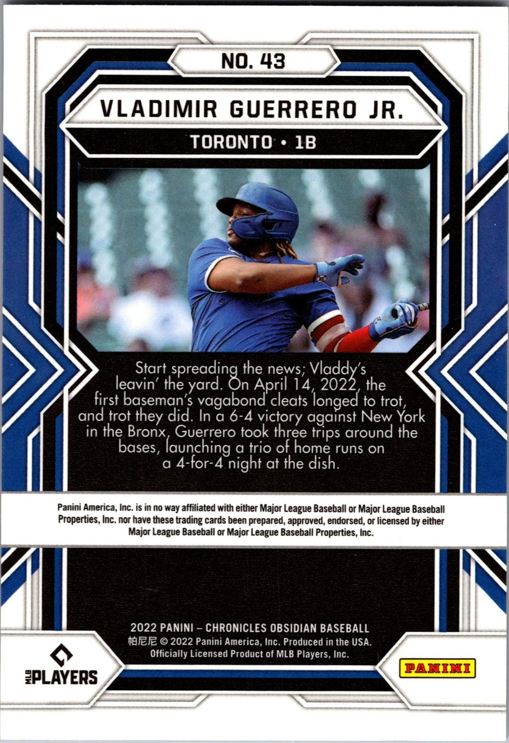 2022 Panini Chronicles #43 Vladimir Guerrero Jr. Obsidian