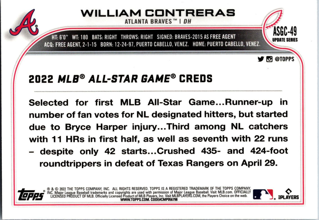 2022 Topps Update #ASG-49 William Contreras 2022 MLB All-Star Game